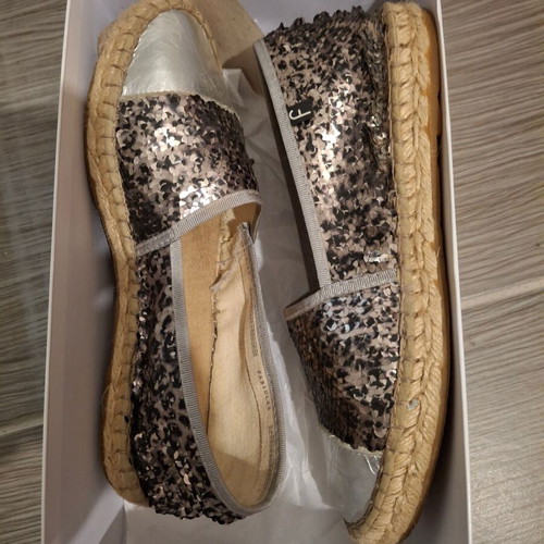Fabiolas Collection women's flat espadrilles used with grey sequins and silver detail size 37