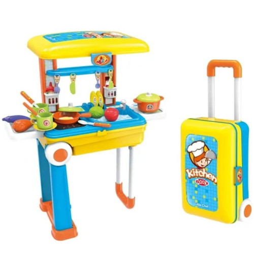 Children's play suitcases used, workbench and kitchen set