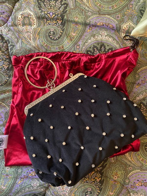 Handmade evening bag new, black velvet with rhinestones
