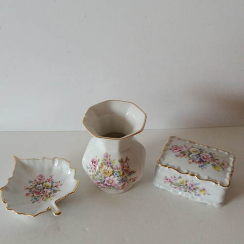 Vintage Limoges France porcelain set, 3 pieces (vase, trinket box & dish)