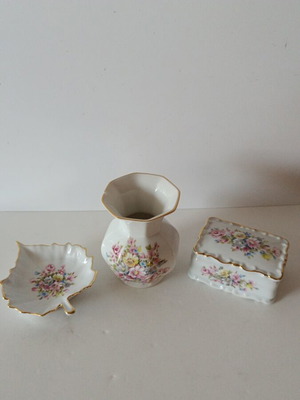 Vintage Limoges France porcelain set, 3 pieces (vase, trinket box & dish)