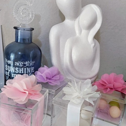 Handmade bombonieres in plexiglas box with tulle and flower