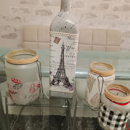 Handmade decorative set with bottle and three jars, new