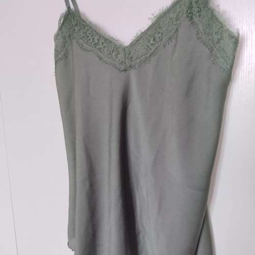 Khaki oil satin camisole used, small medium with lace