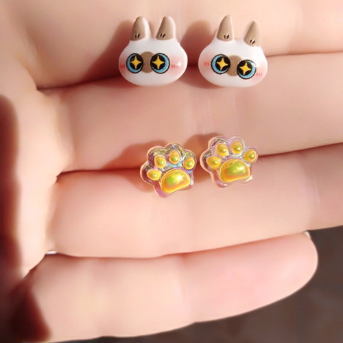 Earrings handmade hypoallergenic, pack of 2 pairs with cat design