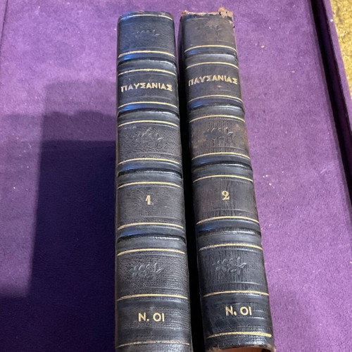 Pausanias leather-bound books used, bilingual Lipsiae edition 1874, set of two