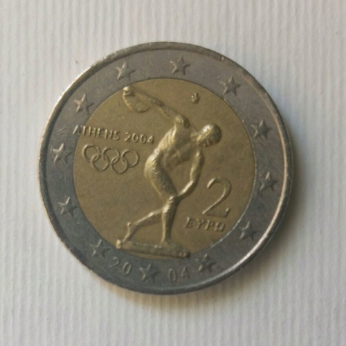 Collectible 2 euro coin Athens 2004 used, Olympic Games Discobolus