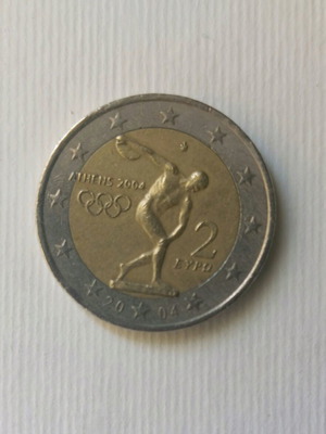 Collectible 2 euro coin Athens 2004 used, Olympic Games Discobolus