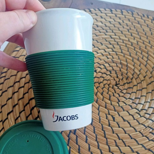 Jacobs reusable clay mug with rubber handle like new
