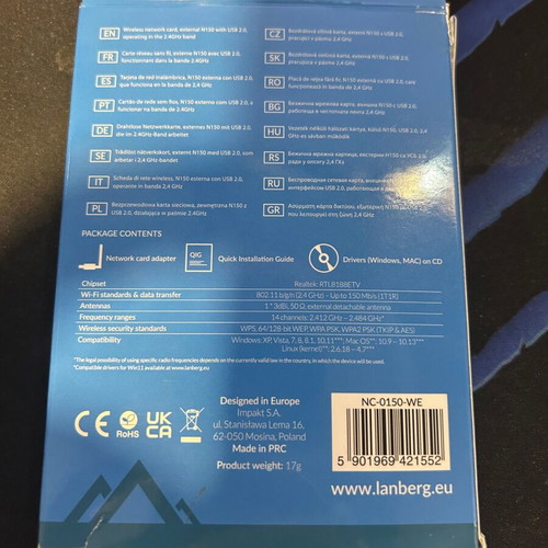 Lanberg NC-0150-WE wireless USB network adapter 150Mbps like new with detachable antenna