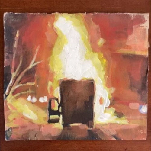 Truck on Fire Acrylic Painting on Cardboard used