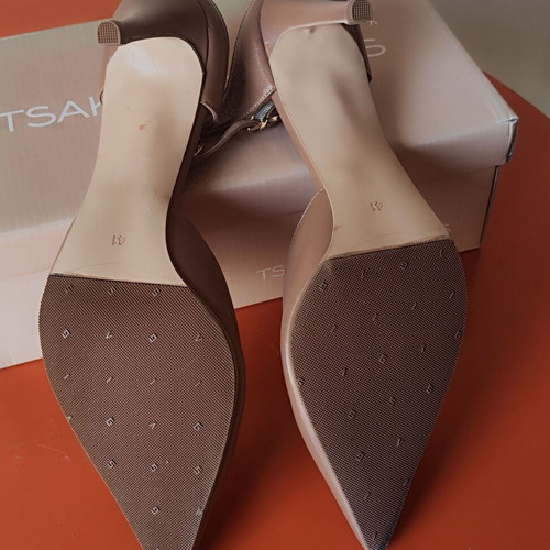 Tsakiris Mallas leather pointed heels with ankle strap, used, size 41, nude
