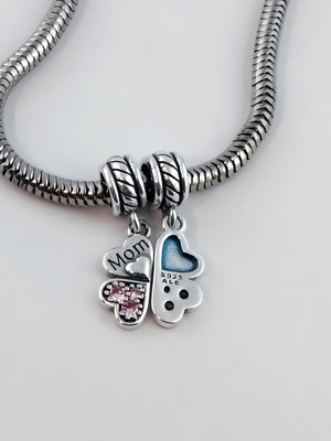 Mum Four-Leaf Duo Charm Set of 2 new, silver, blue and pink