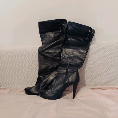 Women's leather over-the-knee boots with 12 cm heel used, black, size 38