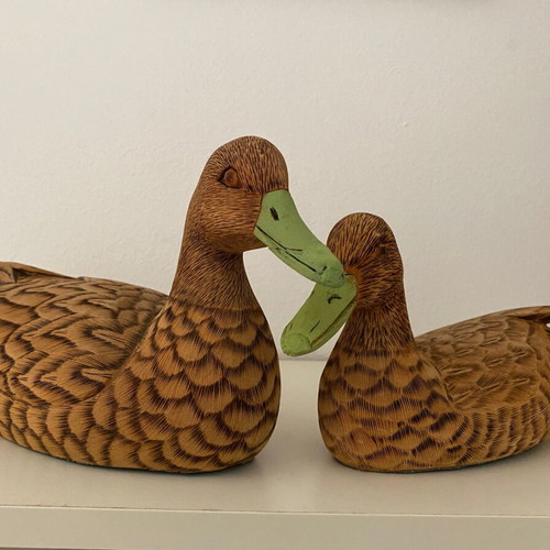 Wild duck wood carving pair used