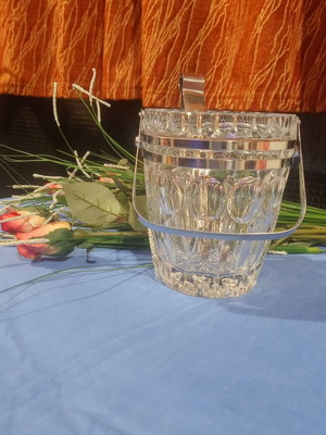 Crystal ice bucket like new with inox handle and metal tongs