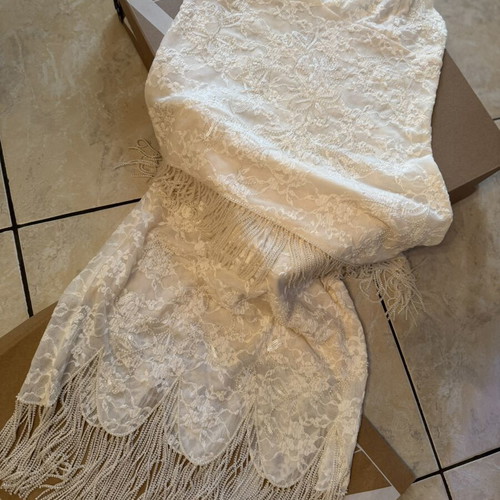 Zara asymmetric beaded lace top and fringe lace skirt set, new, ecru