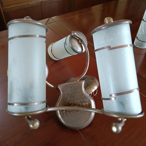Old wall lights used, glass and bronze, set of two