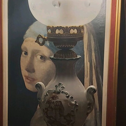 Old French antique lamp made of white porcelain with handmade painting like new