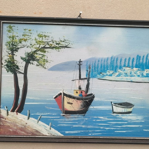 Oil painting like new with coastal scene and fishing boats