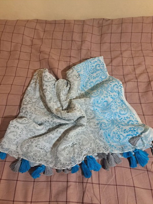 Thin scarf like new, gray and blue, 100% cotton