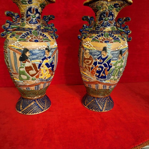 Satsuma vases used, set of 2, Japan, antique with minor rim damage