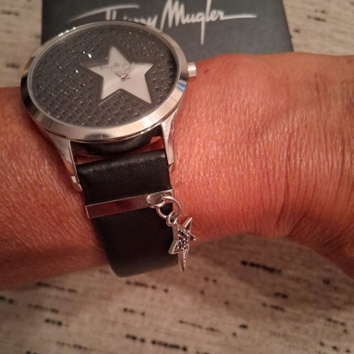 Thierry Mugler wristwatch with leather strap and silver star charm
