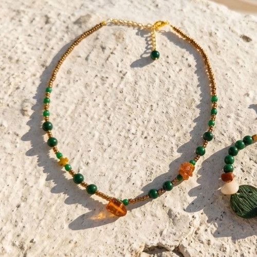 Necklace and bracelet set with amber, nephrite, and hematite new