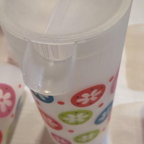 Pitcher set with 4 water glasses used, plastic
