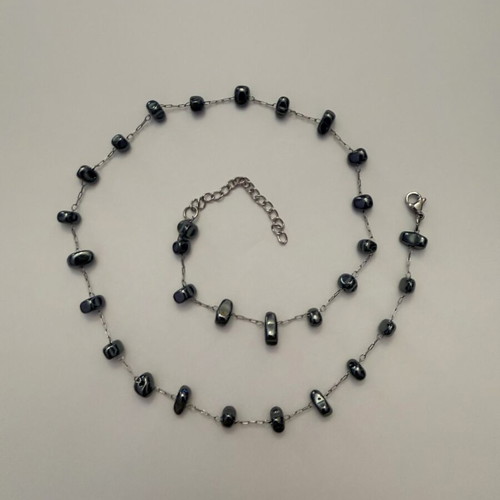 Rosary necklace with hematite beads, platinum plated, new