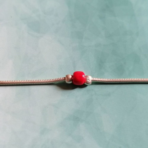 Silver 925 anklet with chain and red beads new