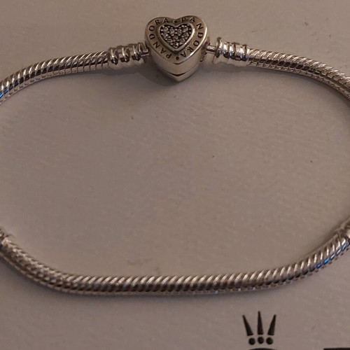 Pandora bracelet new with heart clasp and white zircon stones, sizes 18 and 20 cm