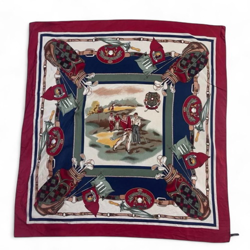 Vintage silk scarf golf themed "Woods And Iron Royal Golf Course" 33x33 inches