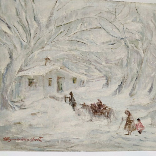 Oil painting snowy landscape used on plywood, old collectible 40x50