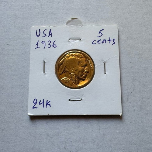 USA 24K gold plated 1936 5 cents coin used