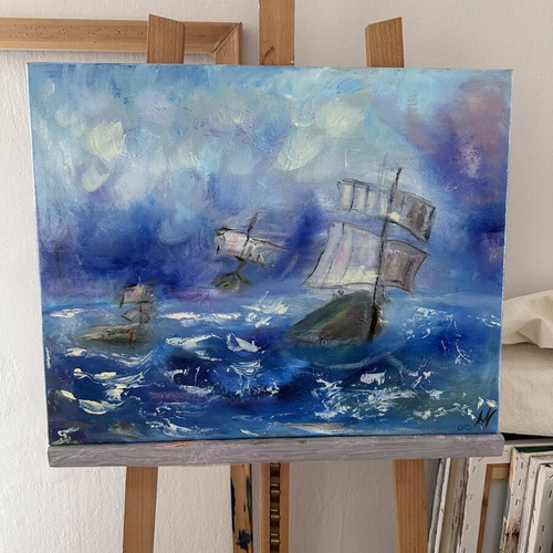 Vintage Boats Original Oil Painting on Canvas Unique Artwork