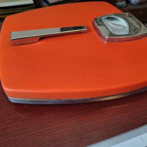 Vintage home scale with leather and inox details, 60s-70s