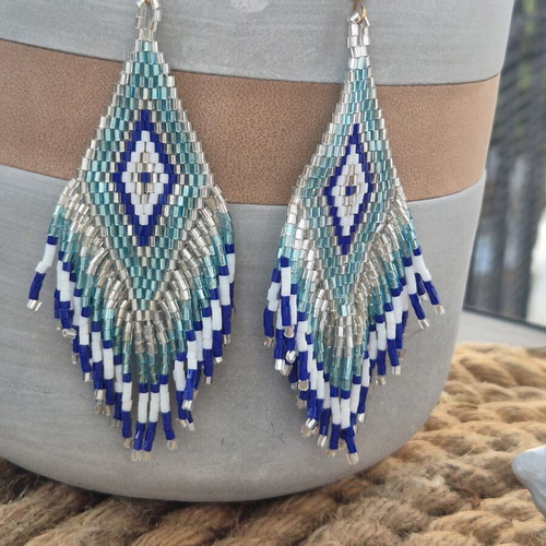 Miyuki earrings with eye motif new, blue and white beads