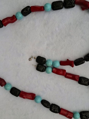 Necklace with coral, turquoise and lava, silver 925 clasp like new, 90cm length