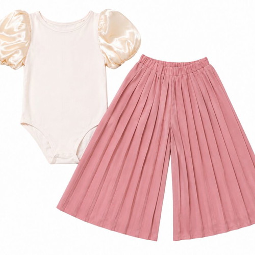 Zara girls' set with pink pleated culottes and white puff sleeve bodysuit