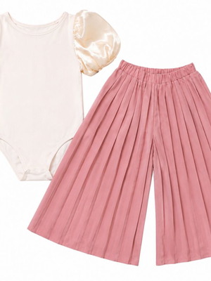 Zara girls' set with pink pleated culottes and white puff sleeve bodysuit