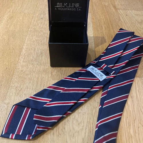 Silk tie new with matching box, blue and red