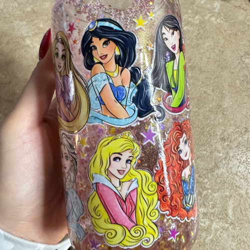 Disney glitter cup new with lid and straw holder