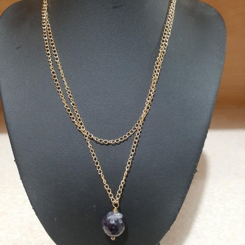 Necklace with amethyst in steel, new, length 80 cm