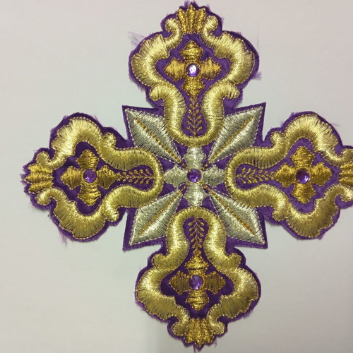 Embroidered cross for vestments new with gold thread and stones