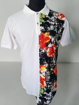 Men's White Polo Shirt with Floral Tropical Split Design XL new