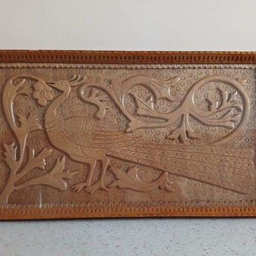 Woodcarved tray with peacock design like new