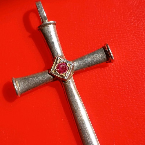 Vintage silver cross with ruby used