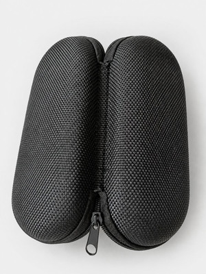 Black hard-shell glasses case with zip closure