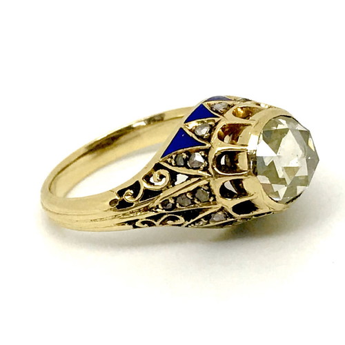 Vintage solitaire ring with 1.10ct diamond and blue enamel